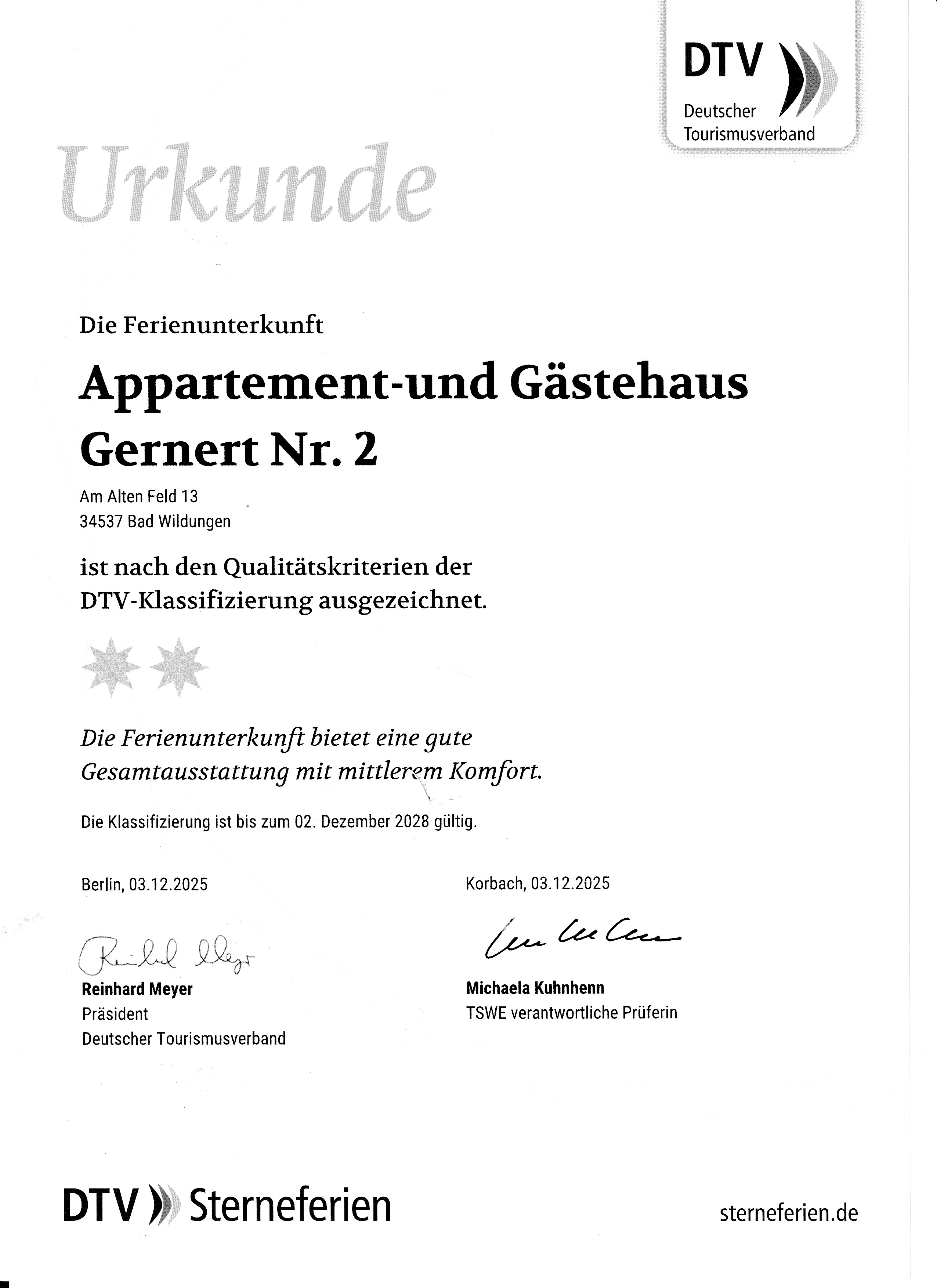Zertifikat Ferienwohnung Gästehaus Gernert Nr. 2