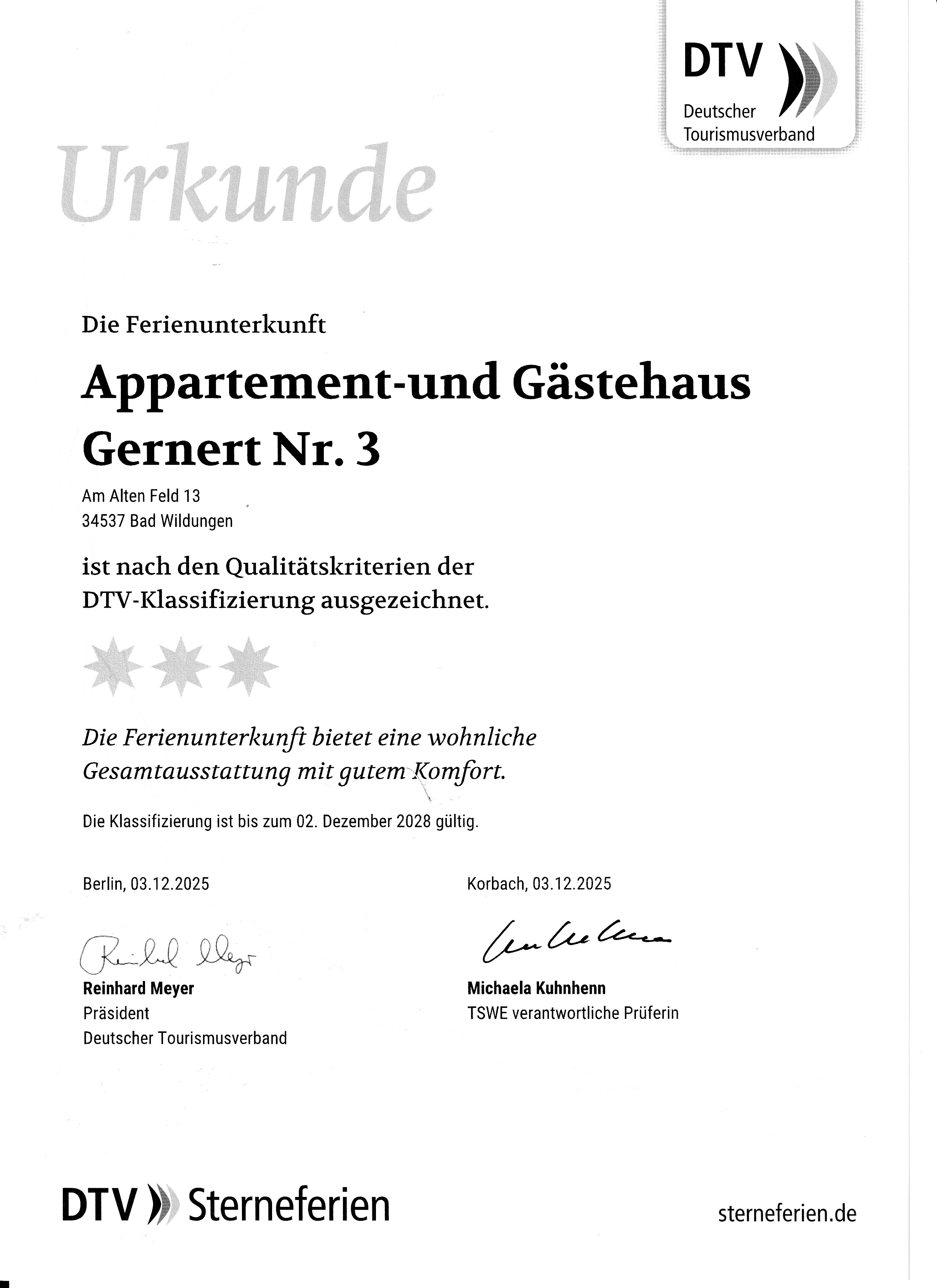 Zertifikat Ferienwohnung Gästehaus Gernert Nr. 3